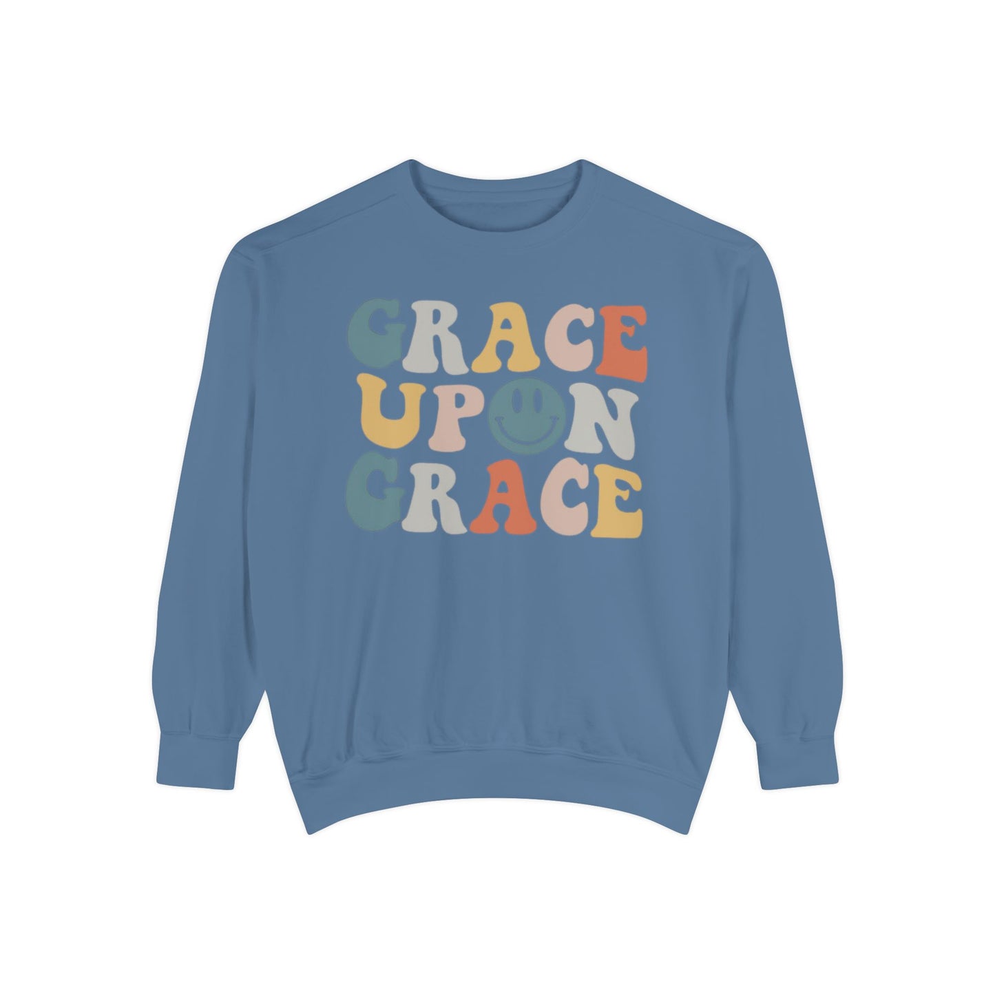 Graceful Smiles - Grace upon Grace Comfort Color Crewneck Sweatshirt - Smiley Face Christian Women's Shirt