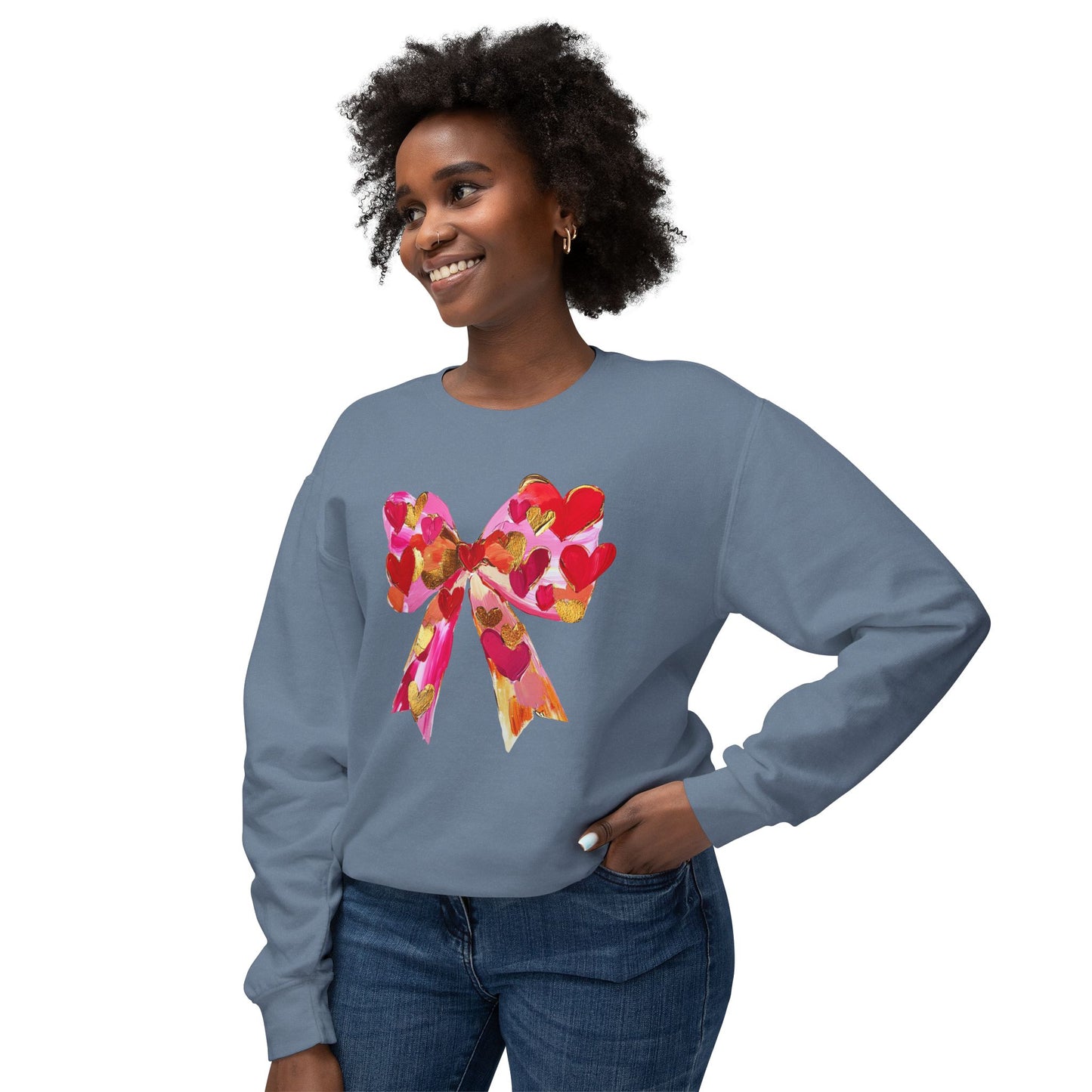 Valentines Day Lightweight Crewneck Sweatshirt, Hearts and Bows Print, Comfort Color Unisex Jumper, Valentine's Gift, Casual Pullover, Cozy