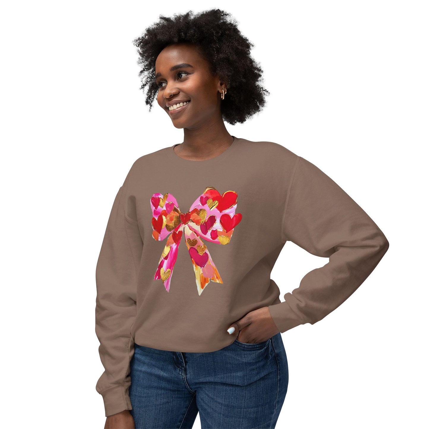 Valentines Day Lightweight Crewneck Sweatshirt, Hearts and Bows Print, Comfort Color Unisex Jumper, Valentine's Gift, Casual Pullover, Cozy