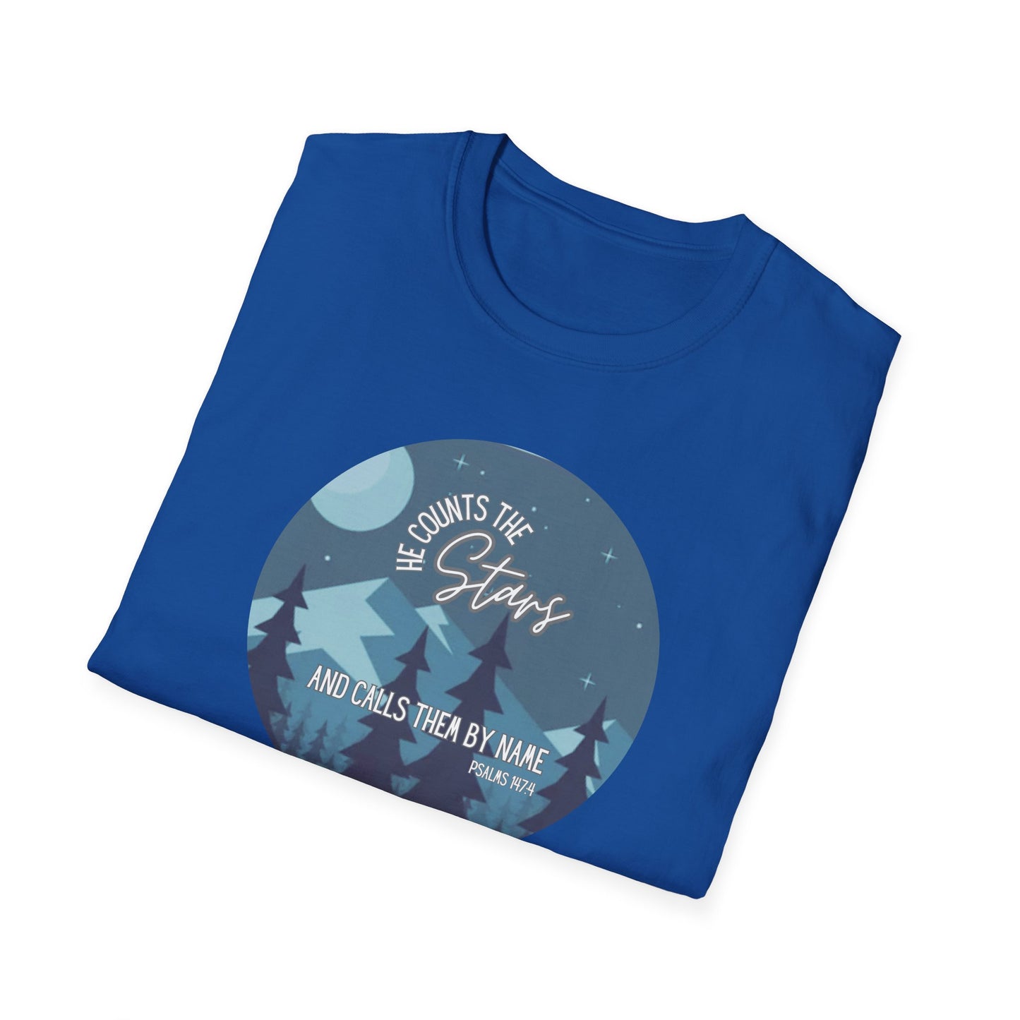 Christian Women's Tee - He Counts the Stars and Calls Them By Name - Bible Verse T Shirt - Jesus Tees - Secret Sister Gift - Starry Night