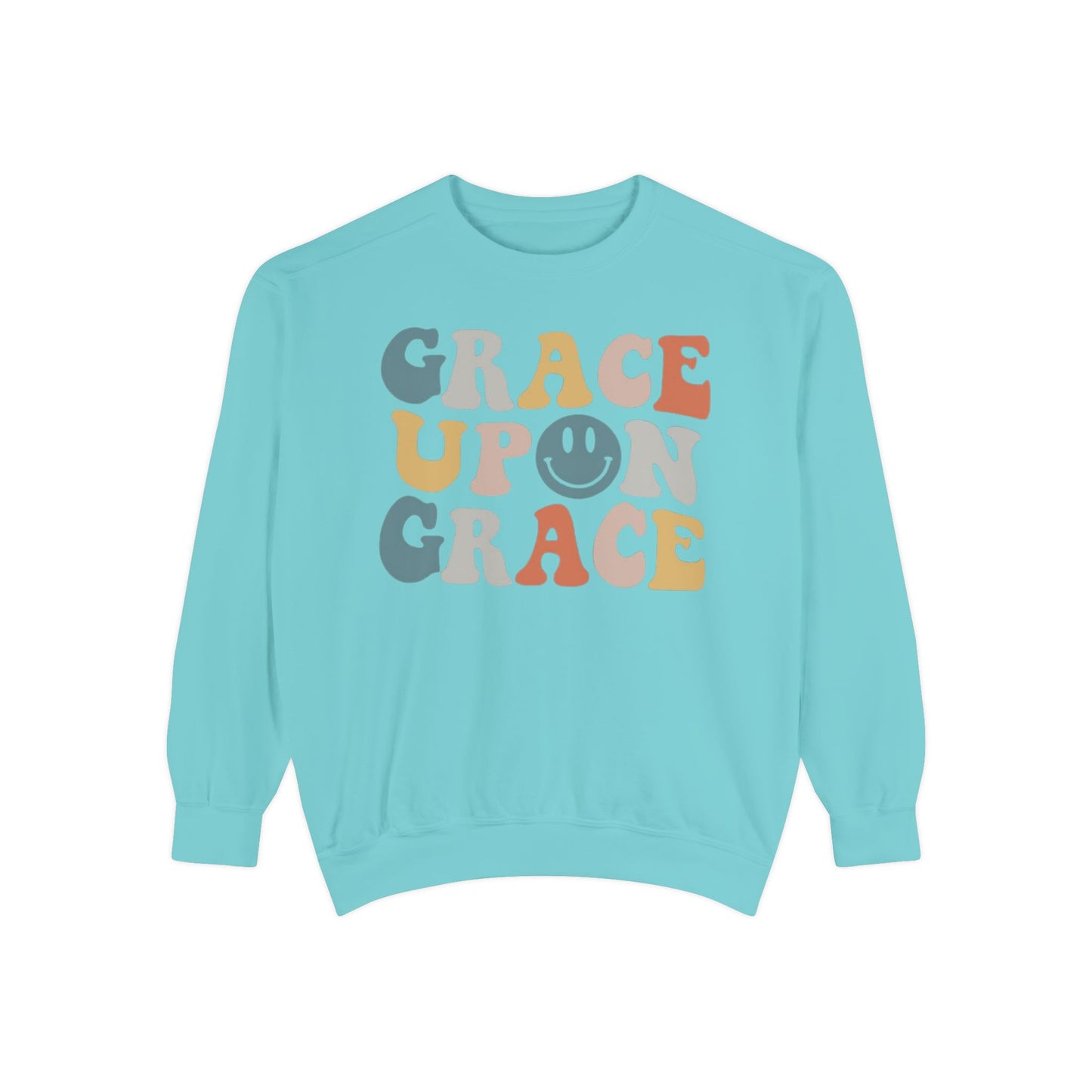 Graceful Smiles - Grace upon Grace Comfort Color Crewneck Sweatshirt - Smiley Face Christian Women's Shirt