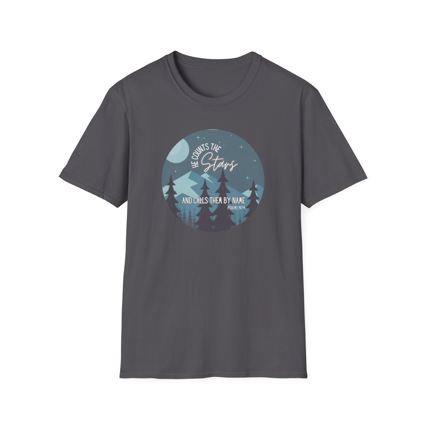 Christian Women's Tee - He Counts the Stars and Calls Them By Name - Bible Verse T Shirt - Jesus Tees - Secret Sister Gift - Starry Night