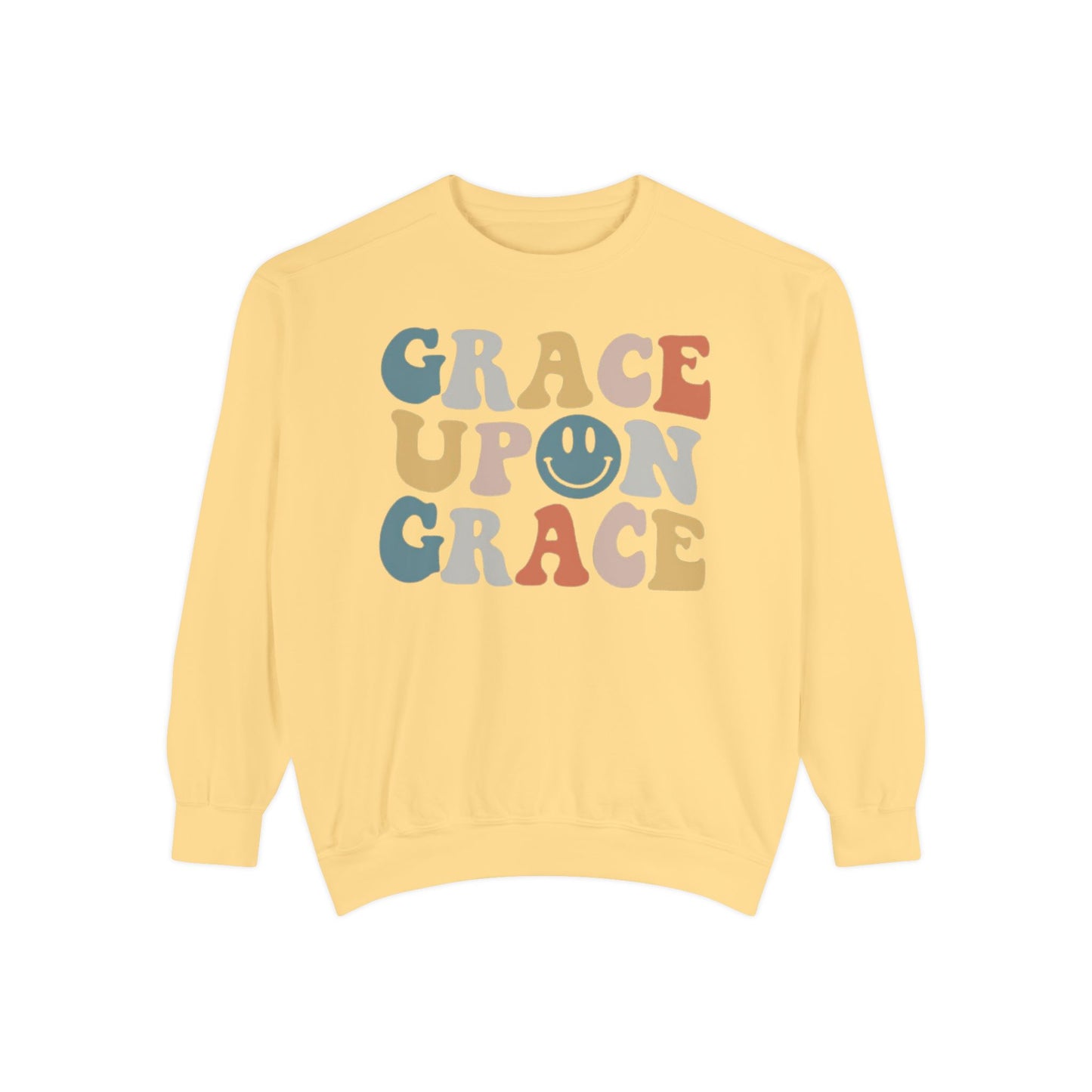 Graceful Smiles - Grace upon Grace Comfort Color Crewneck Sweatshirt - Smiley Face Christian Women's Shirt