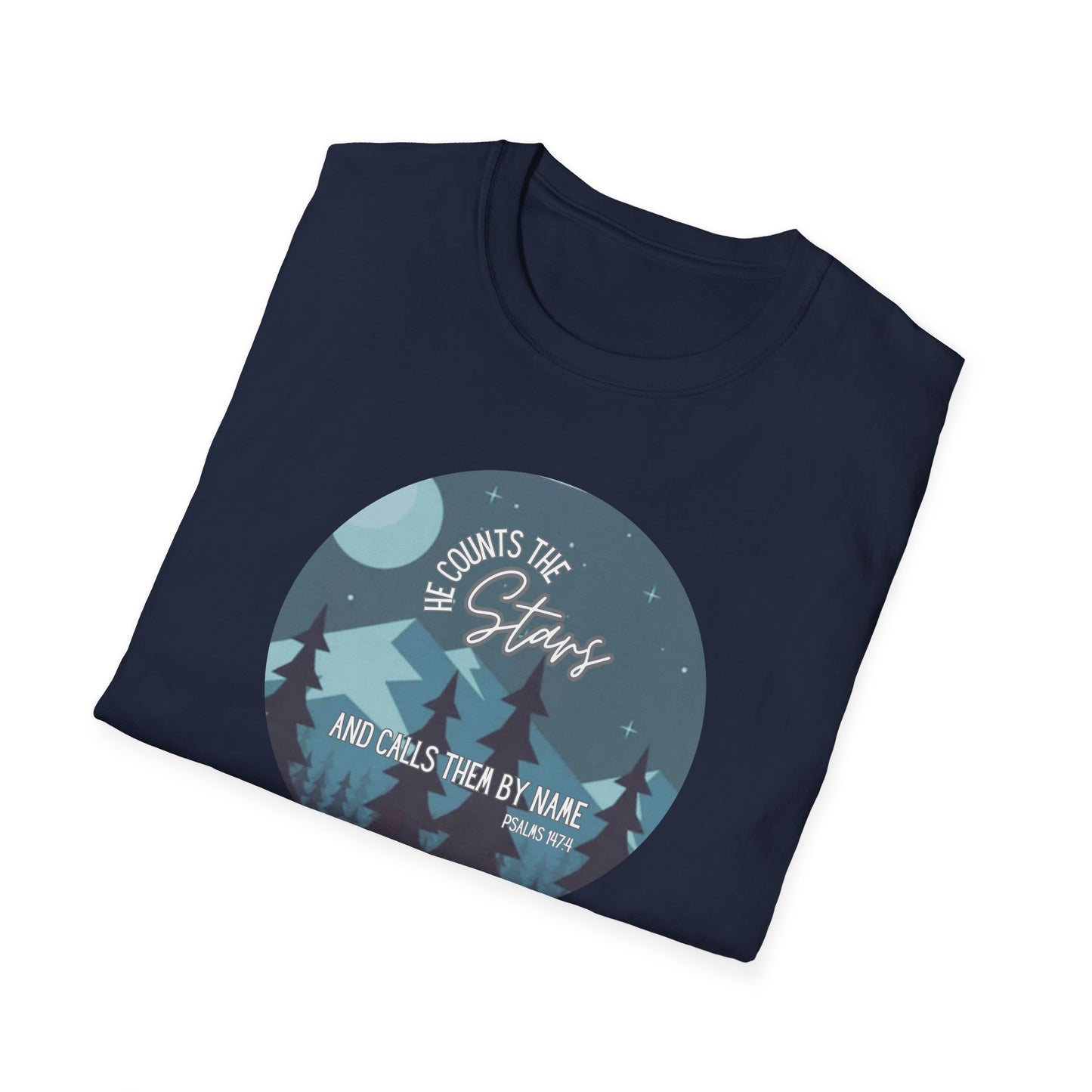 Christian Women's Tee - He Counts the Stars and Calls Them By Name - Bible Verse T Shirt - Jesus Tees - Secret Sister Gift - Starry Night