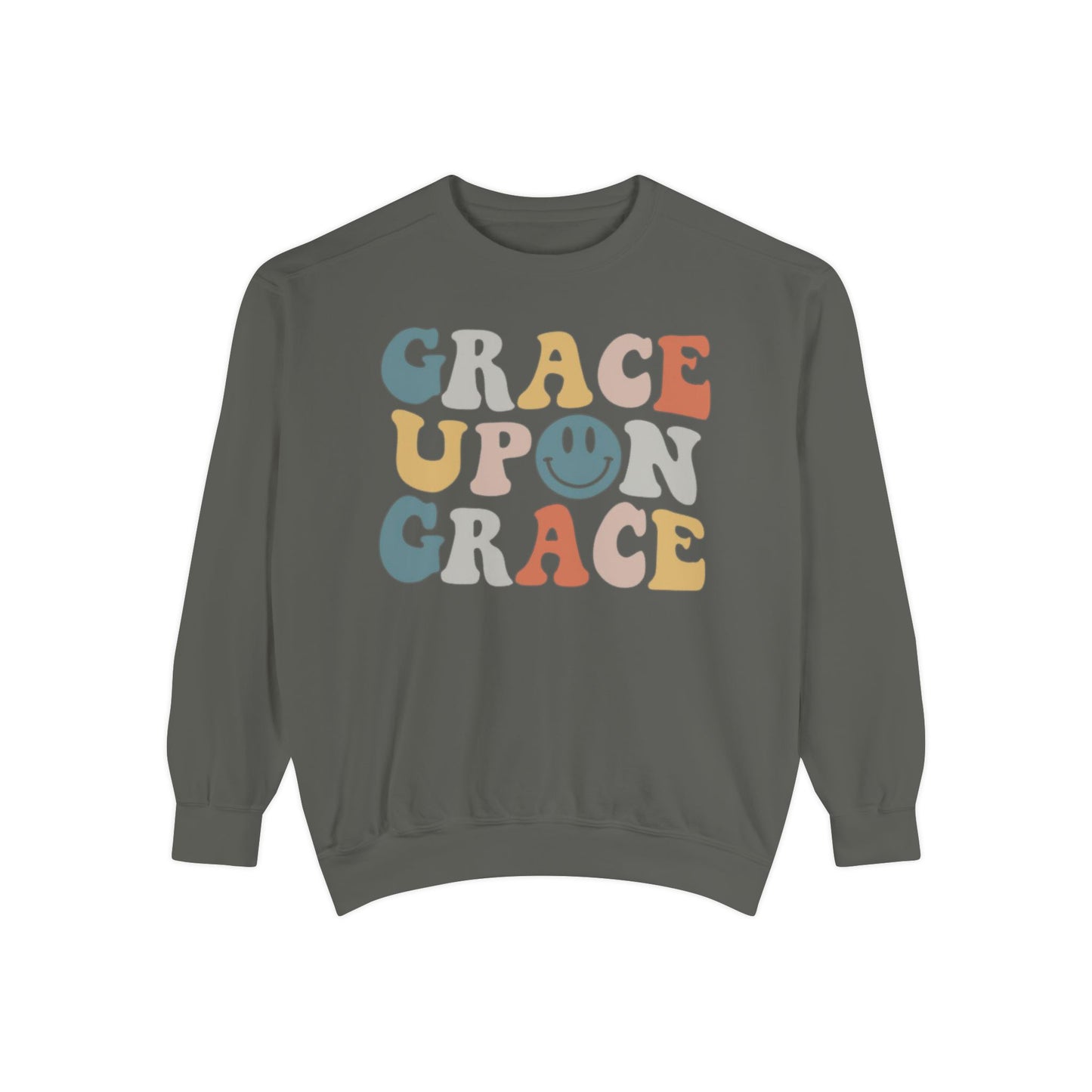 Graceful Smiles - Grace upon Grace Comfort Color Crewneck Sweatshirt - Smiley Face Christian Women's Shirt