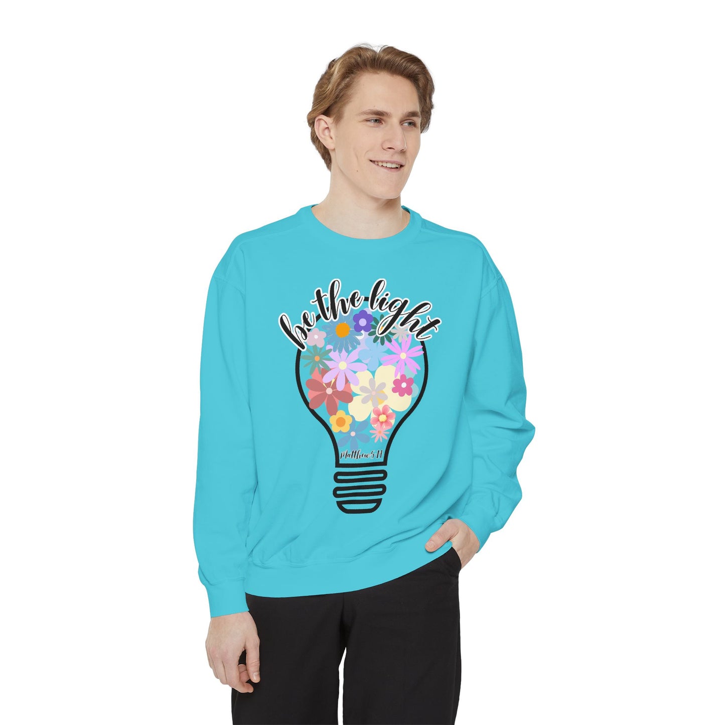 Colorful Christian Floral Glow Crewneck Sweatshirt - Be the Light - Women's Comfort Color Inspirational Bible Verse