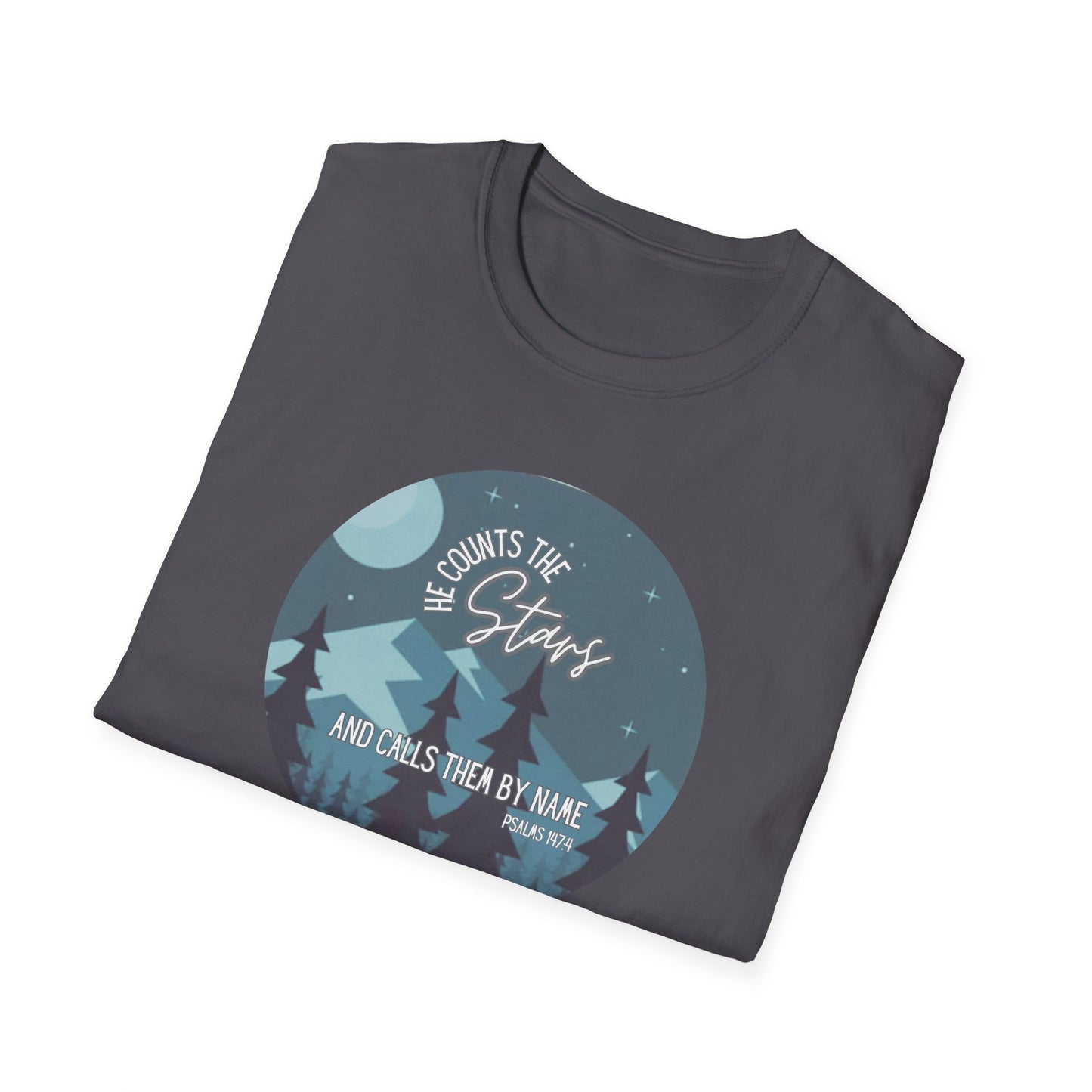 Christian Women's Tee - He Counts the Stars and Calls Them By Name - Bible Verse T Shirt - Jesus Tees - Secret Sister Gift - Starry Night