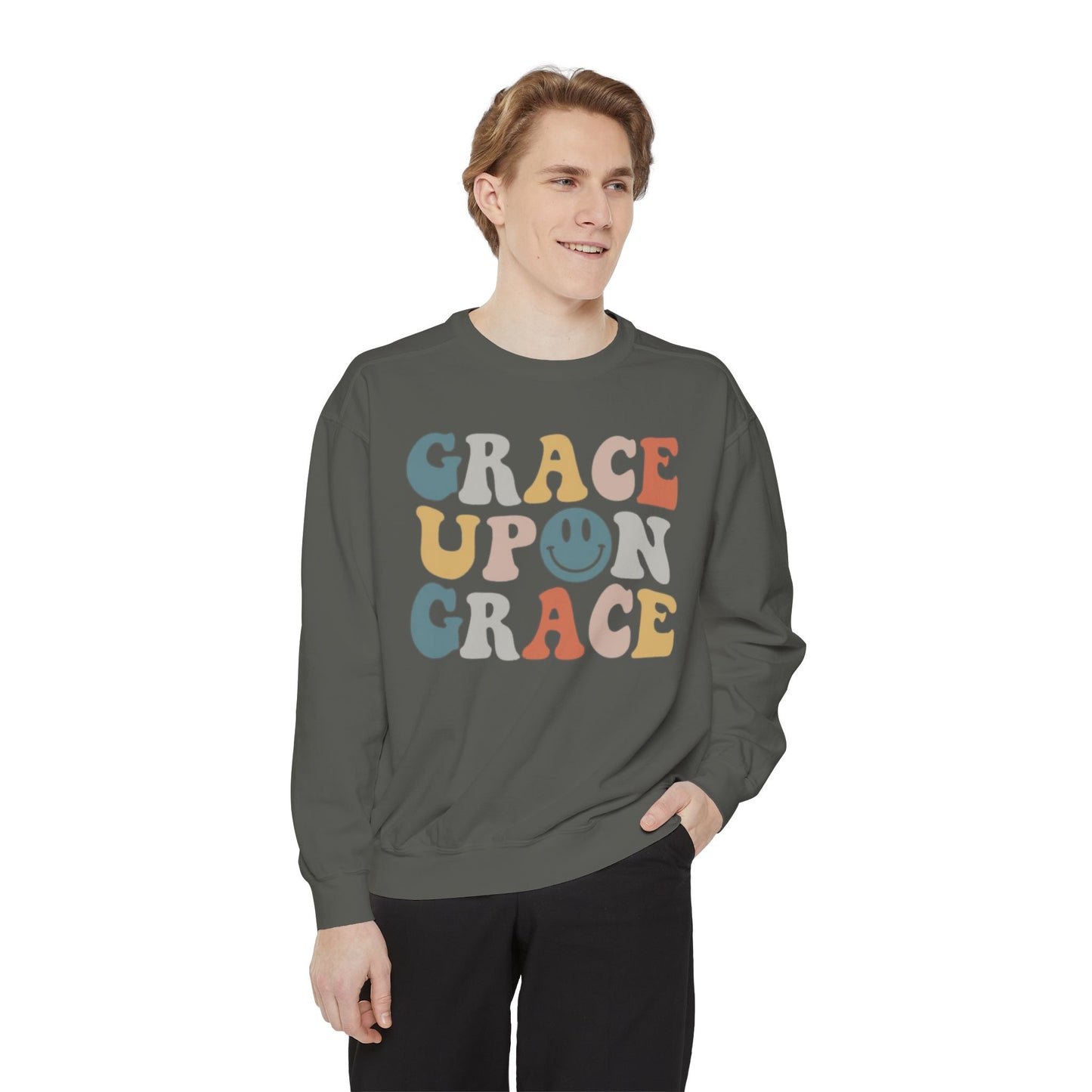 Graceful Smiles - Grace upon Grace Comfort Color Crewneck Sweatshirt - Smiley Face Christian Women's Shirt