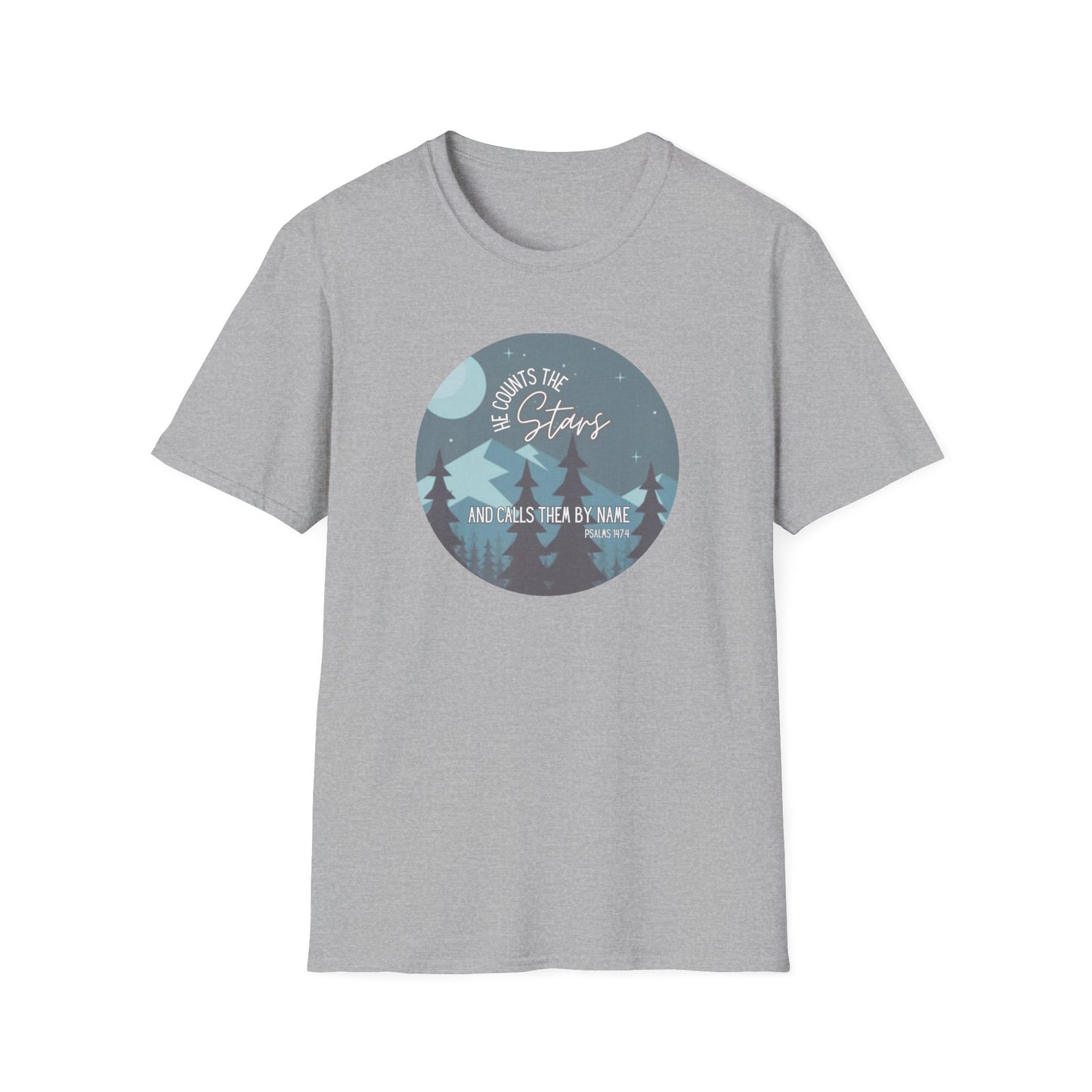 Christian Women's Tee - He Counts the Stars and Calls Them By Name - Bible Verse T Shirt - Jesus Tees - Secret Sister Gift - Starry Night