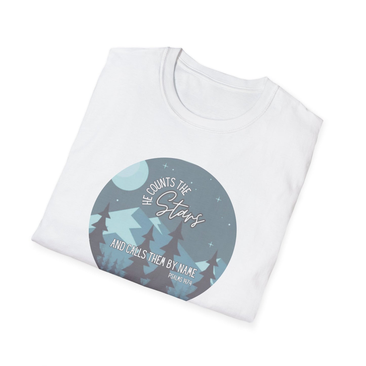 Christian Women's Tee - He Counts the Stars and Calls Them By Name - Bible Verse T Shirt - Jesus Tees - Secret Sister Gift - Starry Night