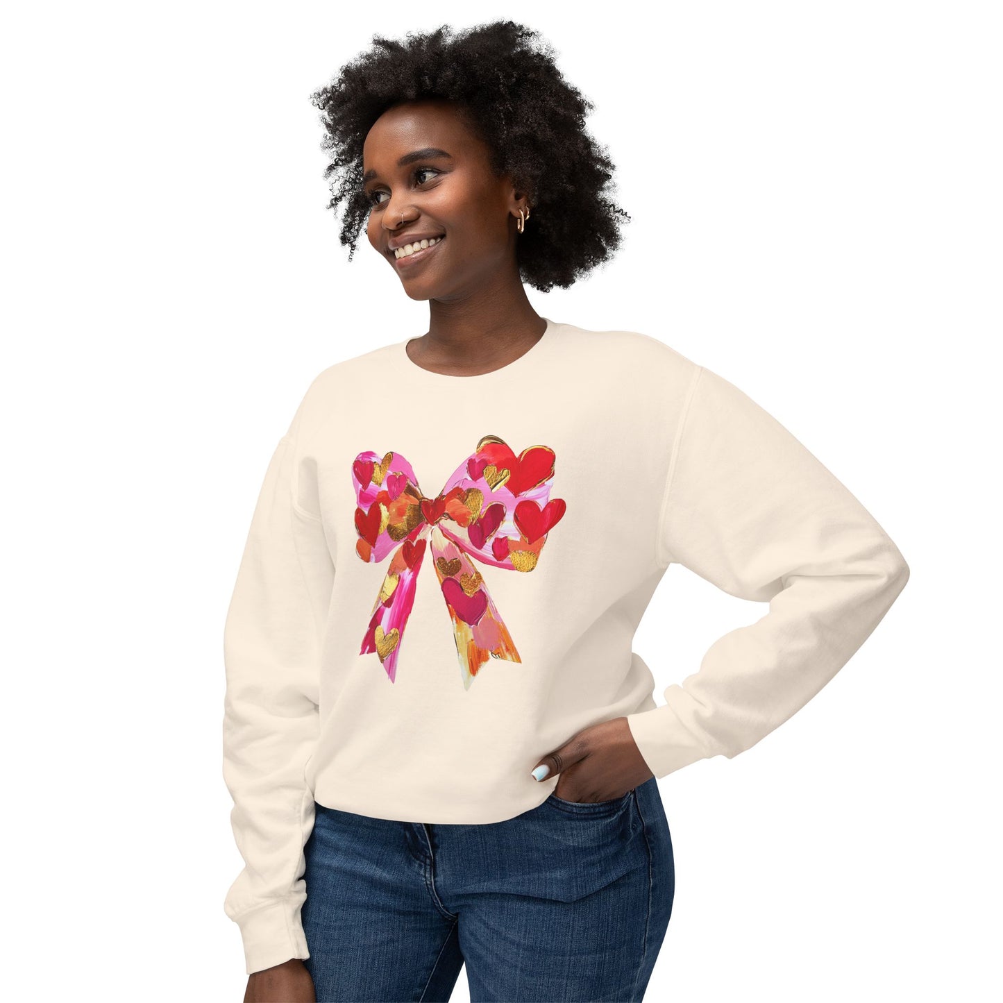Valentines Day Lightweight Crewneck Sweatshirt, Hearts and Bows Print, Comfort Color Unisex Jumper, Valentine's Gift, Casual Pullover, Cozy