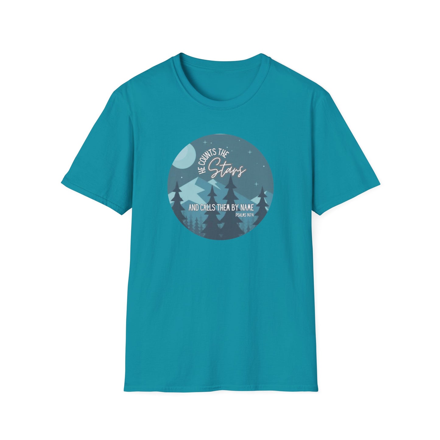 Christian Women's Tee - He Counts the Stars and Calls Them By Name - Bible Verse T Shirt - Jesus Tees - Secret Sister Gift - Starry Night