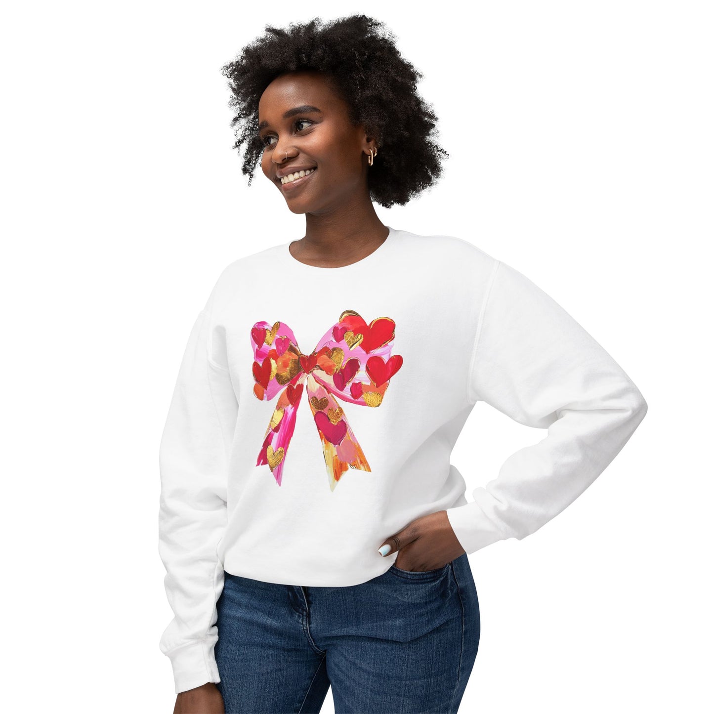Valentines Day Lightweight Crewneck Sweatshirt, Hearts and Bows Print, Comfort Color Unisex Jumper, Valentine's Gift, Casual Pullover, Cozy