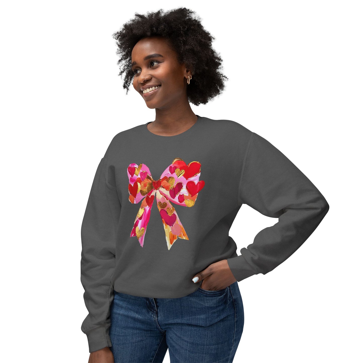 Valentines Day Lightweight Crewneck Sweatshirt, Hearts and Bows Print, Comfort Color Unisex Jumper, Valentine's Gift, Casual Pullover, Cozy