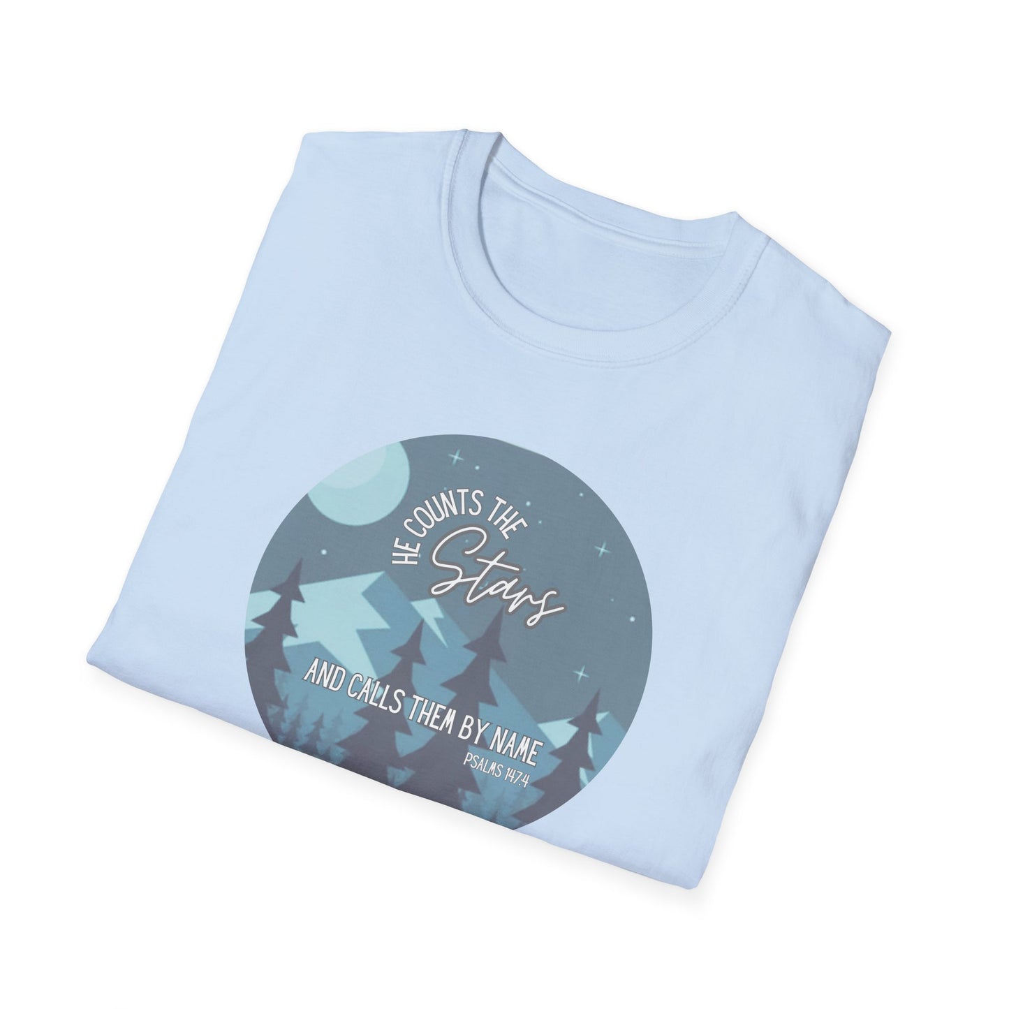 Christian Women's Tee - He Counts the Stars and Calls Them By Name - Bible Verse T Shirt - Jesus Tees - Secret Sister Gift - Starry Night