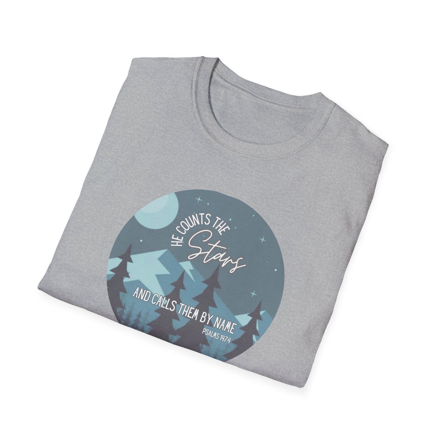 Christian Women's Tee - He Counts the Stars and Calls Them By Name - Bible Verse T Shirt - Jesus Tees - Secret Sister Gift - Starry Night