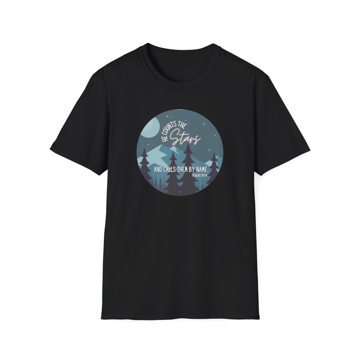 Christian Women's Tee - He Counts the Stars and Calls Them By Name - Bible Verse T Shirt - Jesus Tees - Secret Sister Gift - Starry Night