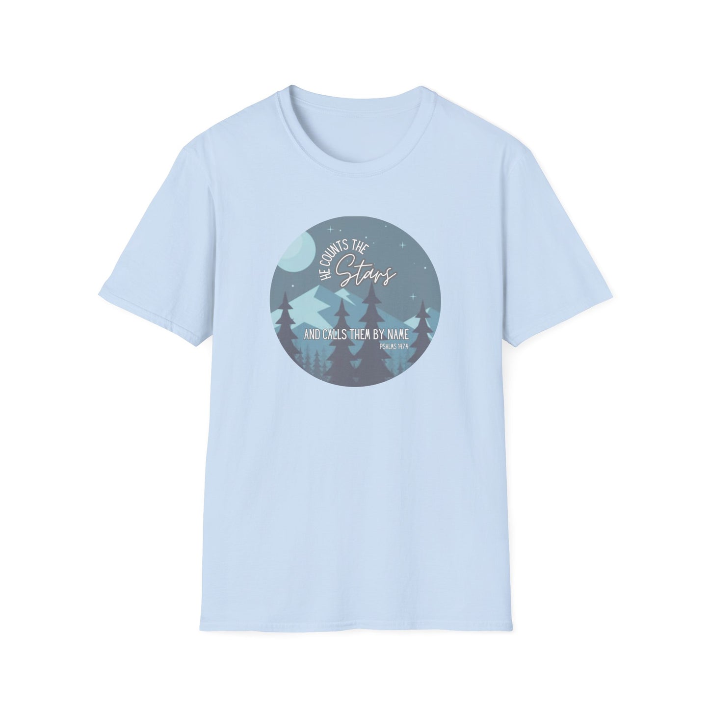 Christian Women's Tee - He Counts the Stars and Calls Them By Name - Bible Verse T Shirt - Jesus Tees - Secret Sister Gift - Starry Night