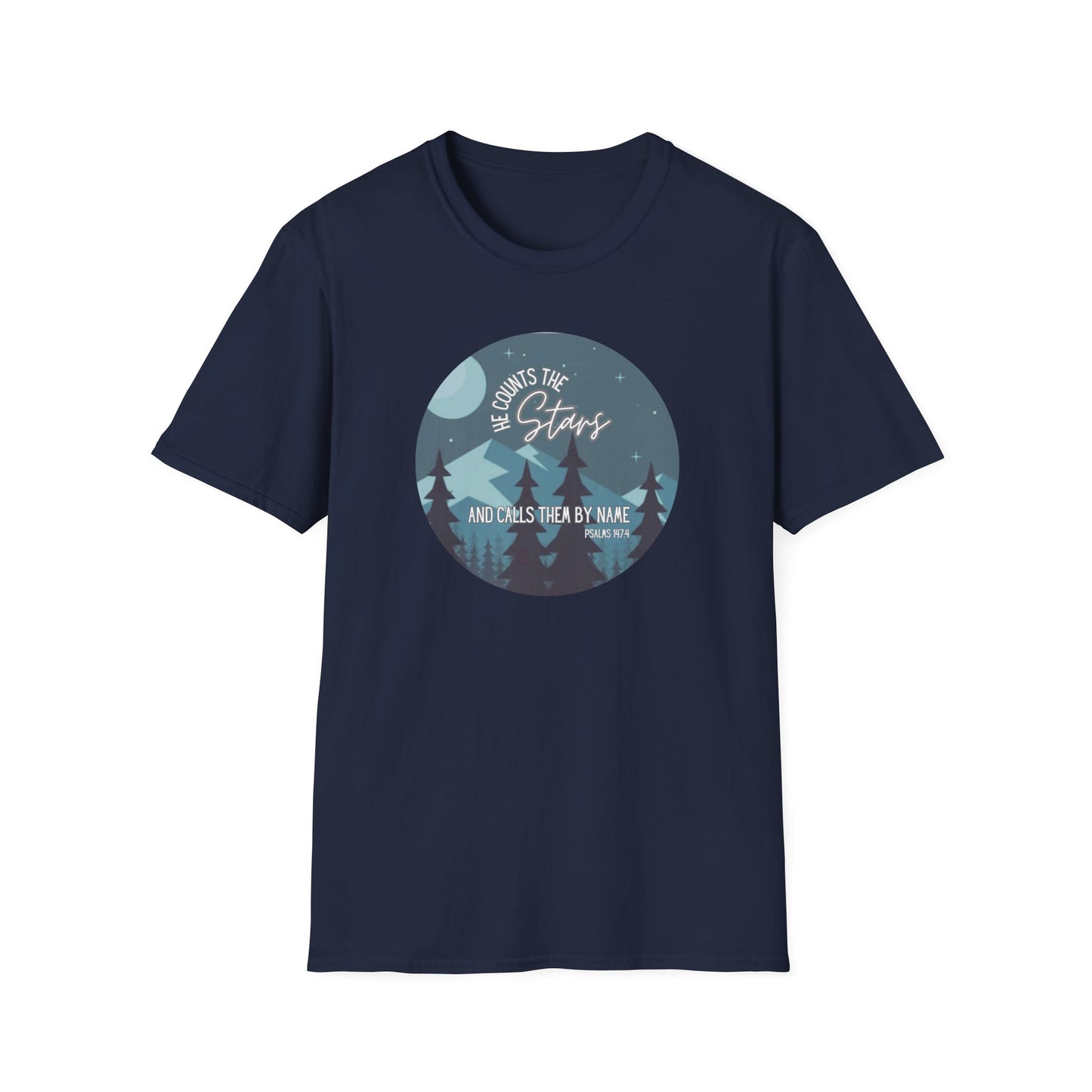 Christian Women's Tee - He Counts the Stars and Calls Them By Name - Bible Verse T Shirt - Jesus Tees - Secret Sister Gift - Starry Night