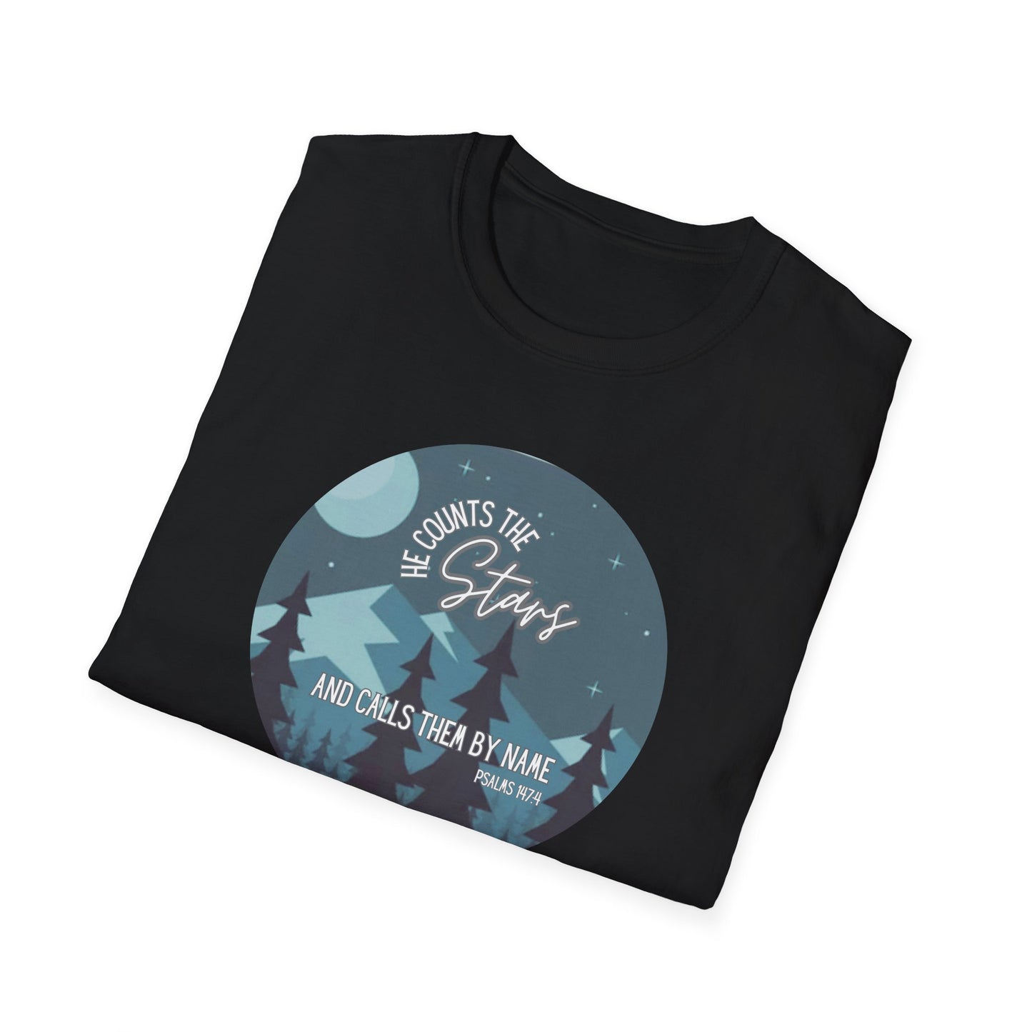 Christian Women's Tee - He Counts the Stars and Calls Them By Name - Bible Verse T Shirt - Jesus Tees - Secret Sister Gift - Starry Night