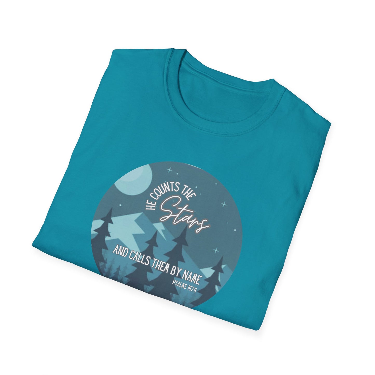 Christian Women's Tee - He Counts the Stars and Calls Them By Name - Bible Verse T Shirt - Jesus Tees - Secret Sister Gift - Starry Night