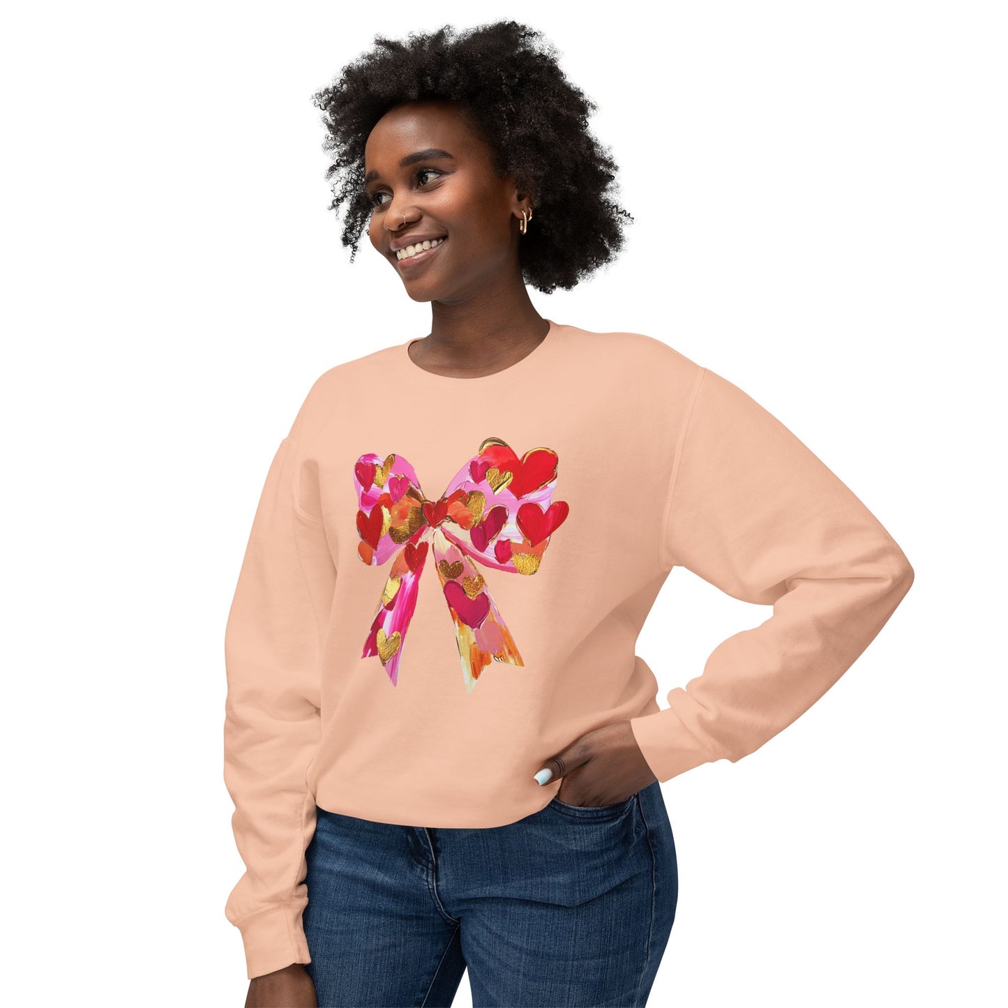 Valentines Day Lightweight Crewneck Sweatshirt, Hearts and Bows Print, Comfort Color Unisex Jumper, Valentine's Gift, Casual Pullover, Cozy
