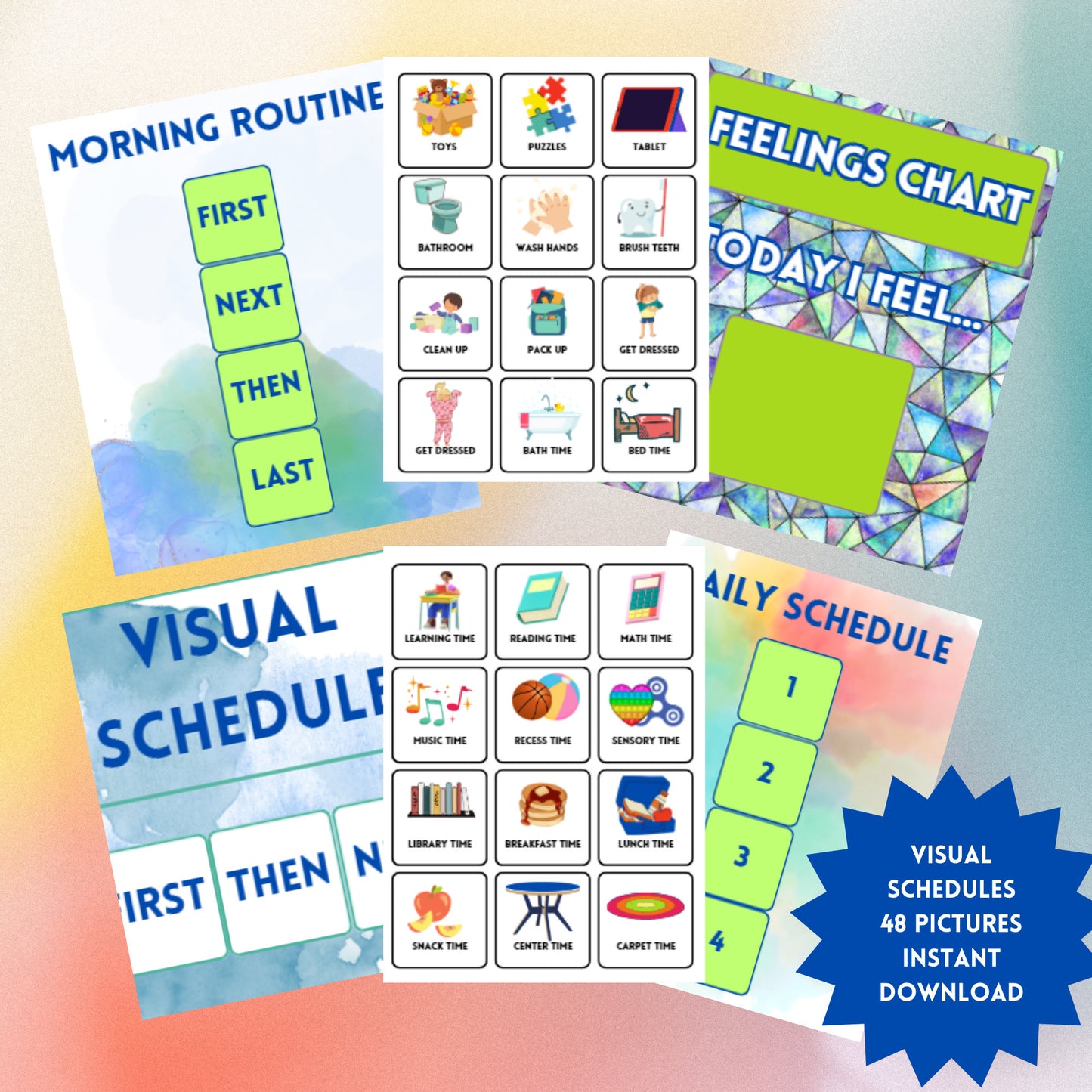 Printable Visual Schedule for Autism, Visual Schedule for Students, Visual Schedule for Home, Autism Learning, Feelings chart, Weather Chart