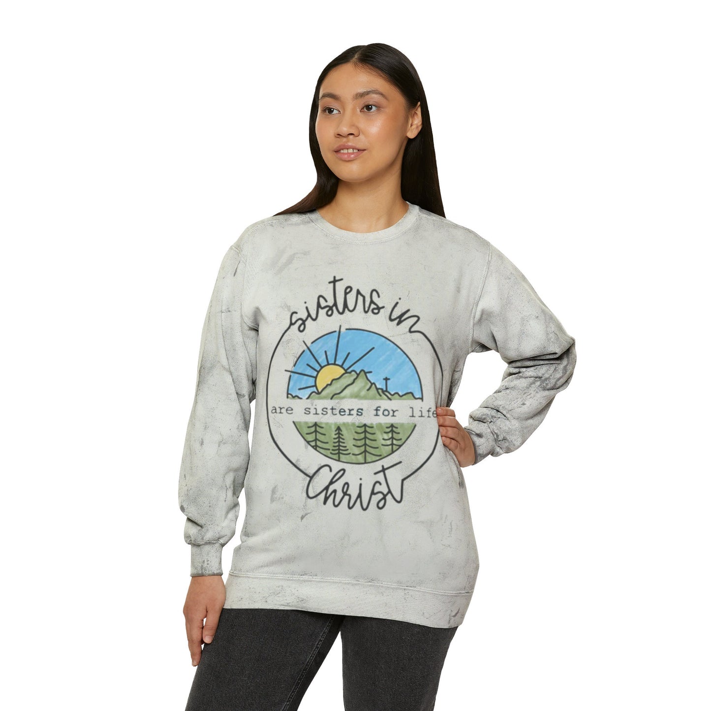 Sisters in Christ Tie-Dye Crewneck Sweatshirt - Women's Comfort Color - Christian Women Sweatshirt; Colorful Bible Long Sleeve