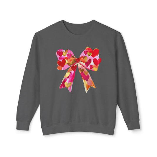 Valentines Day Lightweight Crewneck Sweatshirt, Hearts and Bows Print, Comfort Color Unisex Jumper, Valentine's Gift, Casual Pullover, Cozy