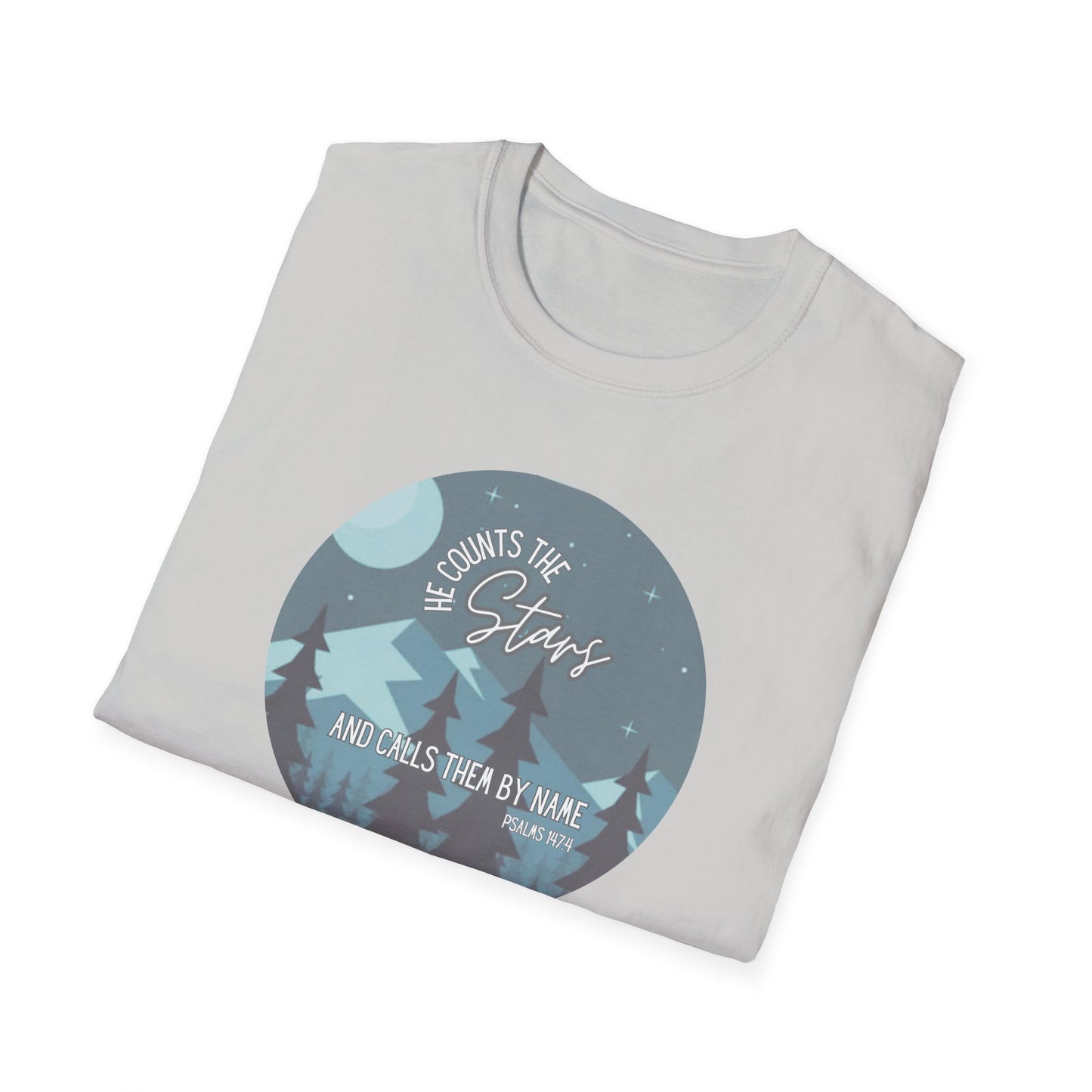 Christian Women's Tee - He Counts the Stars and Calls Them By Name - Bible Verse T Shirt - Jesus Tees - Secret Sister Gift - Starry Night