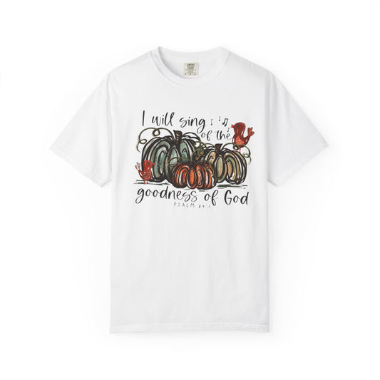 Whimsical Pumpkin Patch - Fall Women's T-Shirt with Bible Verse - Magical Autumn Shirt- I will Sing of the Goodness of God -