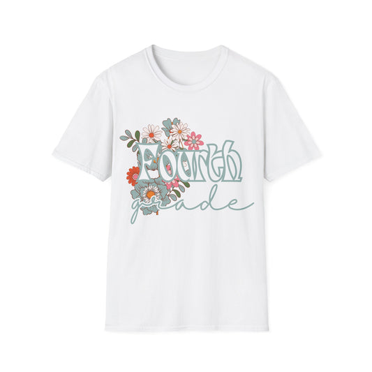 Fourth Grade Teacher T-Shirt - Retro Floral Design - Colorful Grade Level Tee