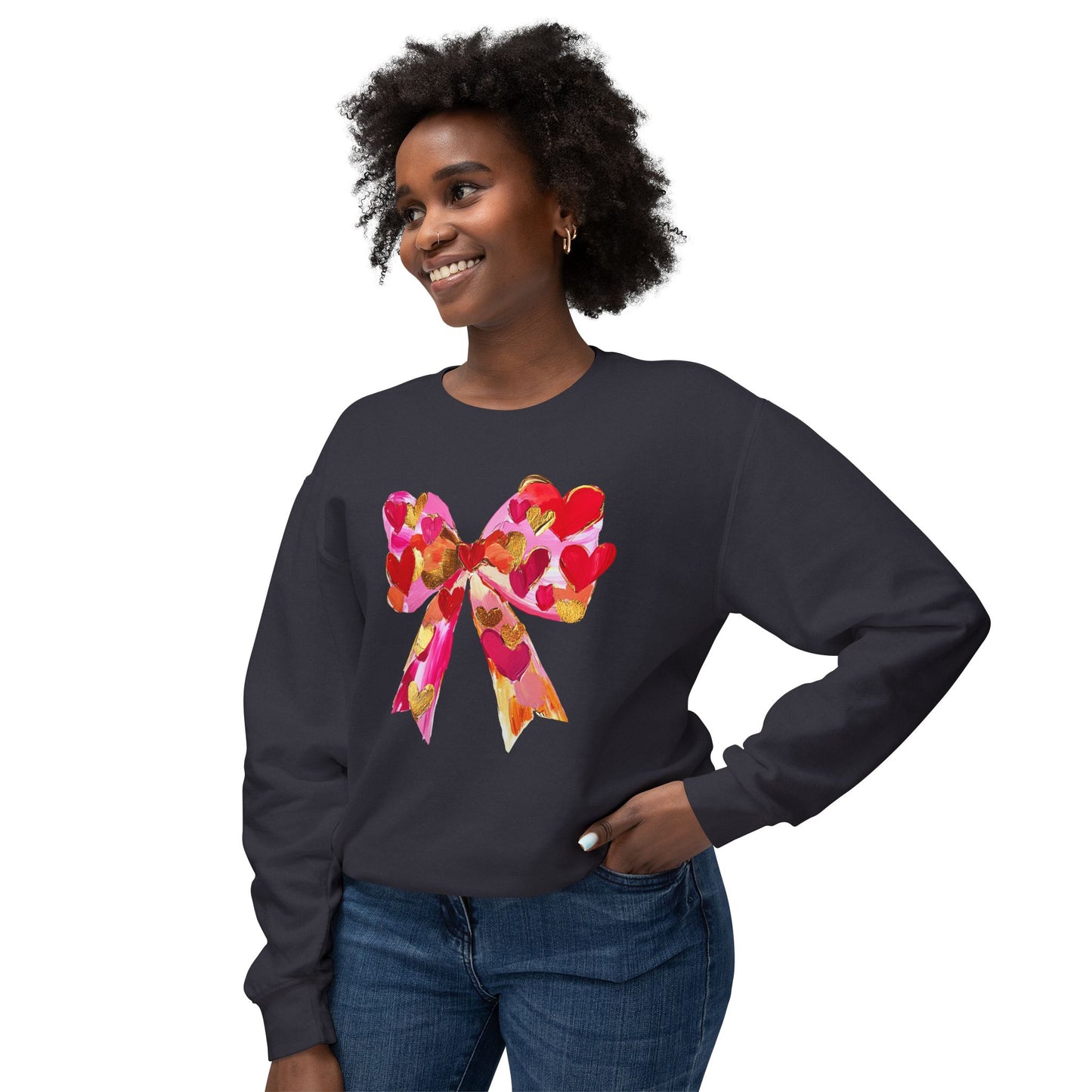 Valentines Day Lightweight Crewneck Sweatshirt, Hearts and Bows Print, Comfort Color Unisex Jumper, Valentine's Gift, Casual Pullover, Cozy