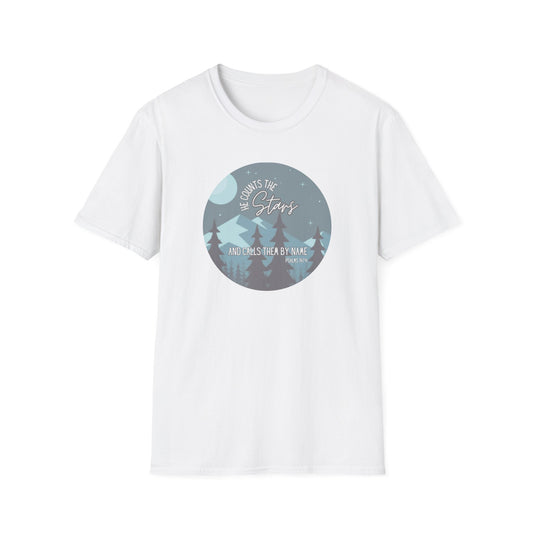 Christian Women's Tee - He Counts the Stars and Calls Them By Name - Bible Verse T Shirt - Jesus Tees - Secret Sister Gift - Starry Night