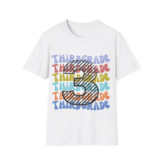 Third Grade Teacher T-Shirt - Soft - Colorful Retro Grade Level Teacher Tee - Retro Classroom - Wavy Letters Teacher T Shirt